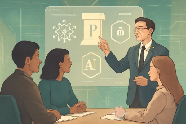 Corporate lawyer advising AI startup in a futuristic office with digital legal icons