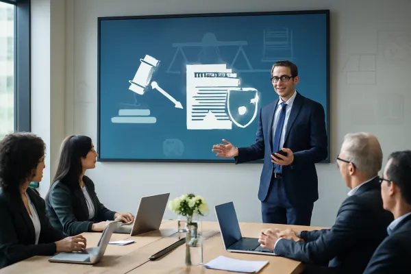 Business team in corporate training led by a lawyer about legal compliance and growth.