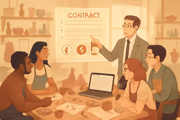 Startup team and legal expert collaborating on a craft vendor contract in a creative studio.