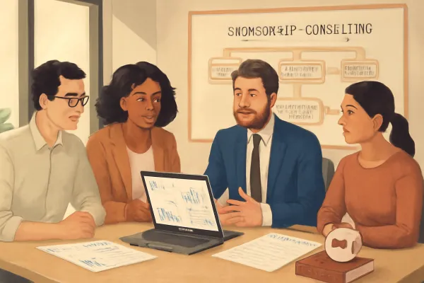 Startup team and consultant collaborating over sponsorship consulting agreement in bright office