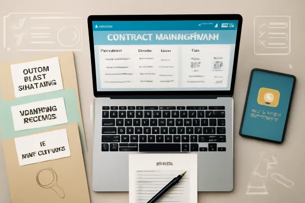 Organized workspace with digital and physical vendor contracts and legal tools for managing contracts