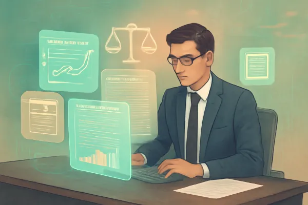 Futuristic lawyer using holographic data and analytics to enhance legal strategies