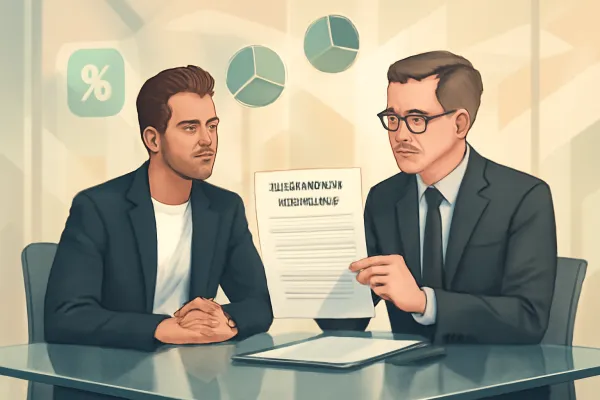 Startup founder and lawyer reviewing convertible note agreement with financial symbols floating