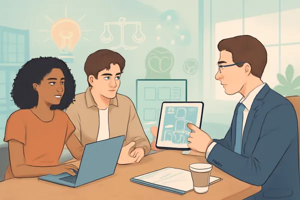 Young diverse startup founders meeting with legal counsel in a modern bright office setting