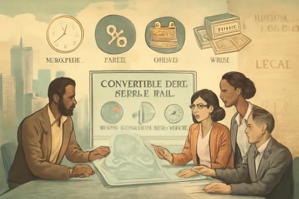 Startup team examining convertible debt terms with icons of debt-to-equity conversion.