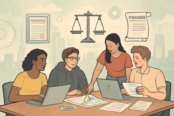 Young first-time startup founders collaborating around legal documents and glowing symbols of patents and contracts.