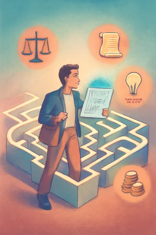 Surreal pastel scene of a first-time founder navigating a legal maze with startup symbols.