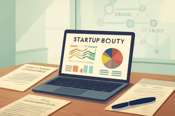 Minimalist startup office with equity docs and shareholding graphs on laptop screen.