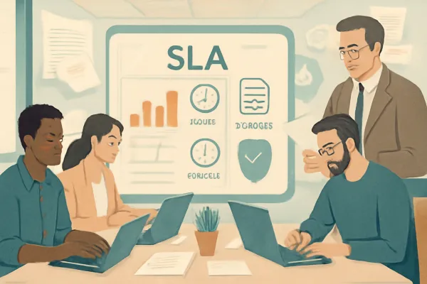 Startup team collaborating with SLA charts and legal advisor in a minimalist office setting