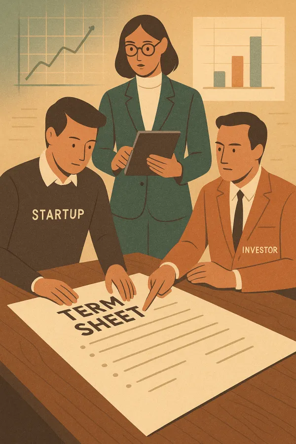 Professionals reviewing a term sheet with a lawyer advising in a warm office setting