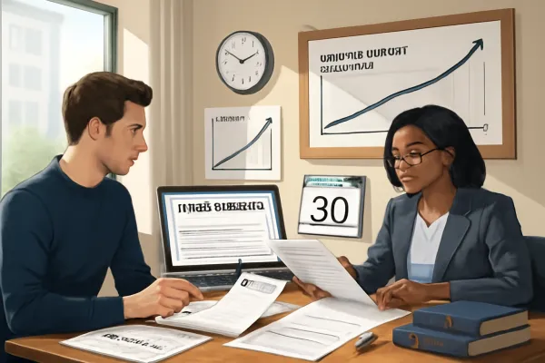 Startup founder and lawyer reviewing Section 83(b) election documents with growth charts and deadline calendar