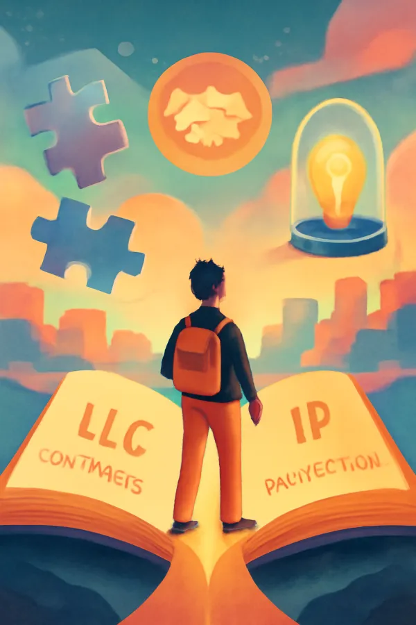 Surrealist pastel image of a first-time founder at a legal crossroads surrounded by startup symbols.