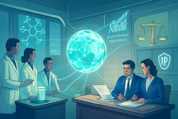 Futuristic workspace blending scientific innovation and legal expertise symbolizing startup success.