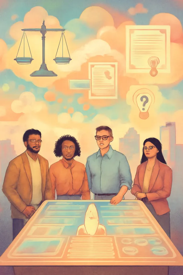 Surrealist pastel scene of startup founders with blueprints and floating legal symbols
