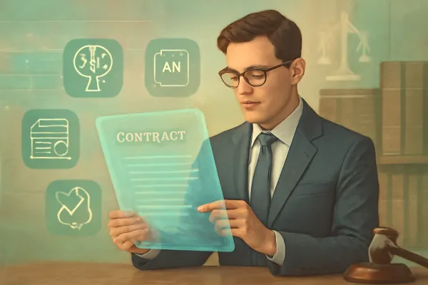 Lawyer interacting with AI-powered holographic legal tools in a modern office setting.