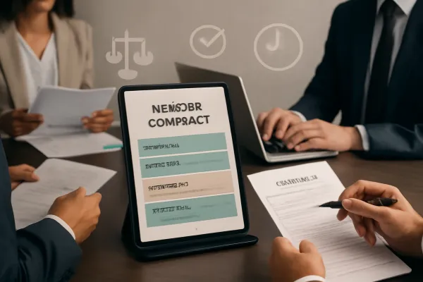 Collaborative business team reviewing a detailed vendor contract template on a digital tablet in a modern workspace.