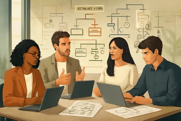 Startup team collaborating with legal and organizational charts in a modern office environment