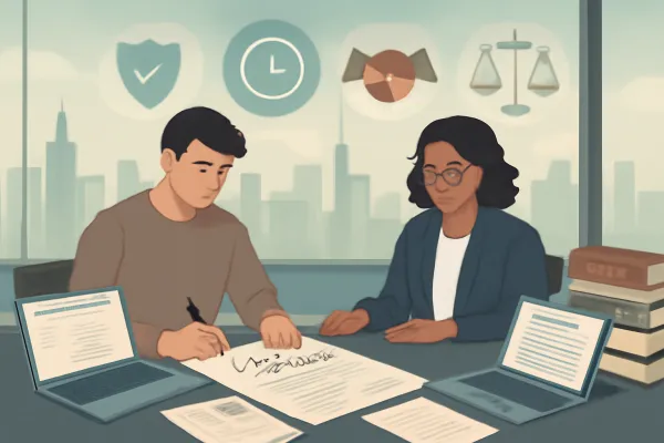 Startup founder and lawyer reviewing a vendor contract in a modern office setting.
