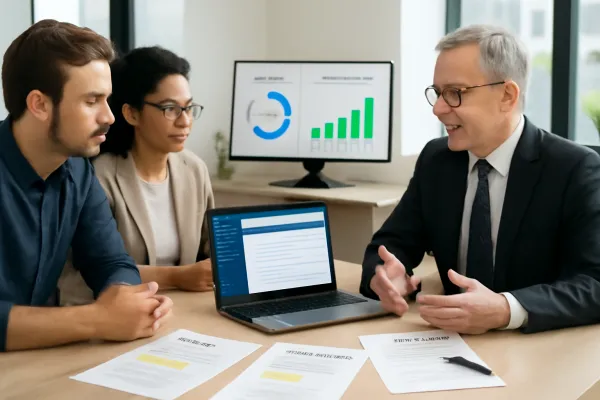 Startup team and lawyer reviewing vendor contracts in office meeting