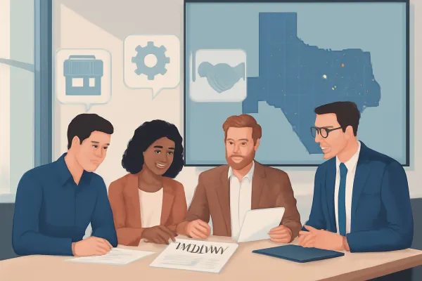Texas business team collaborating on DBA filing with county map and legal icons