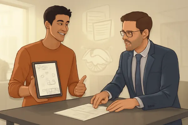 Startup founder collaborates with legal advisor on sales strategy and contract in modern office.