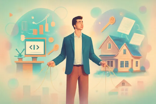 Surreal pastel illustration of founder balancing startup work and first-time home buying.