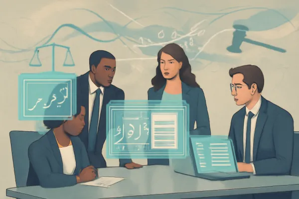 Lawyers collaborating with AI-driven holographic legal data in a modern office setting