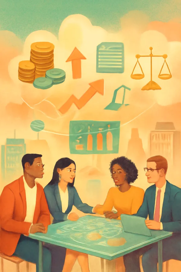 Surreal pastel illustration of a startup team and hedge fund elements symbolizing innovation and finance.