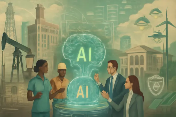 Houston cityscape merging industrial heritage with AI innovation and collaboration.
