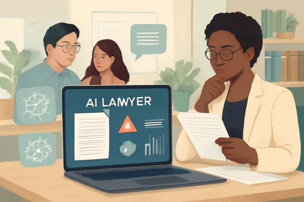 Team collaborating with AI software for legal document review and compliance in modern office