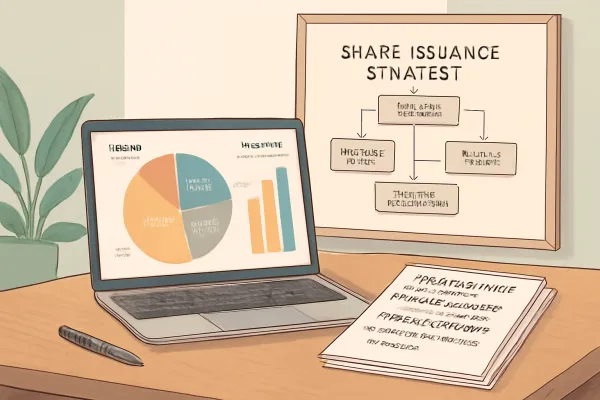 Minimalist startup office desk with charts and documents on equity share distribution