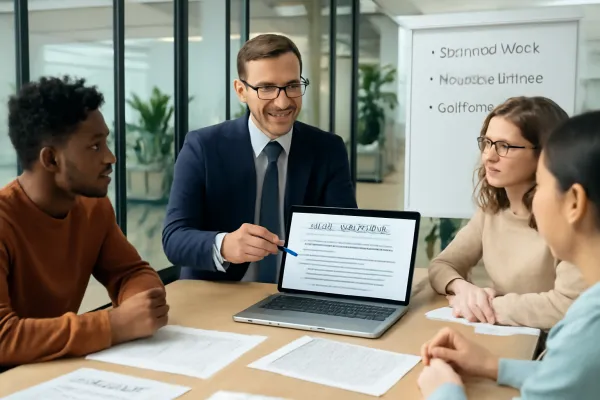 Startup team and legal counsel reviewing a clear service agreement in modern office.