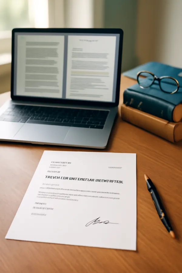 Professional office desk with vendor contract termination letter and legal documents