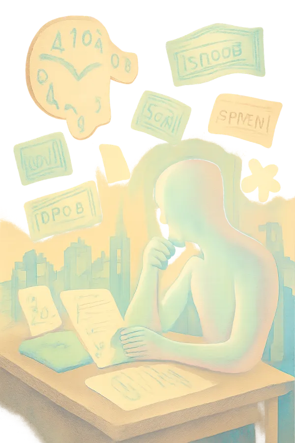 Nostalgic surreal image of a person surrounded by floating stock options, tax symbols, and a melting clock.