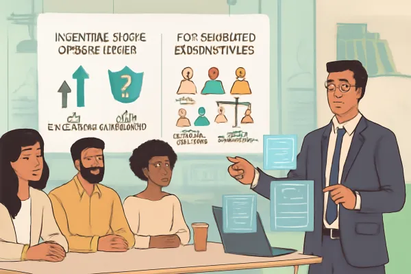 Startup team reviewing stock options and legal compliance in a modern office setting