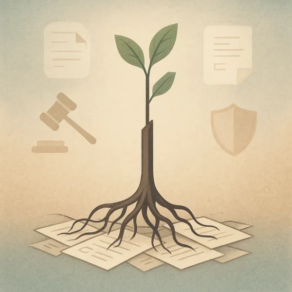 Abstract illustration of a startup's growth transition symbolized by a structured tree and legal icons.