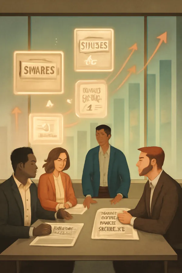 Startup boardroom scene with floating share certificates symbolizing increasing authorized shares.