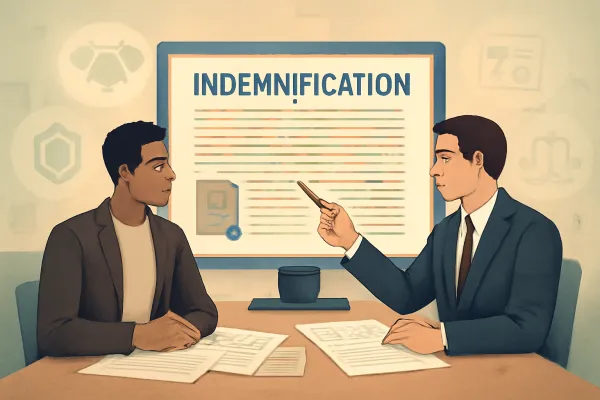 Startup founder and lawyer reviewing indemnification clauses in a modern office setting
