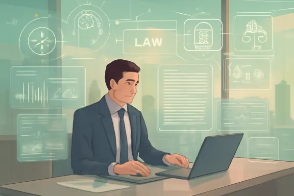 Intelligence lawyer using futuristic digital legal analytics in modern office environment