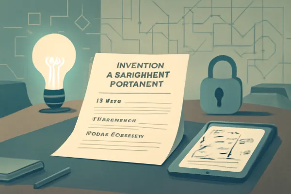 Minimalist office scene with invention assignment agreement and innovation symbols.