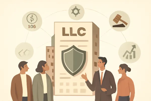 Minimalist illustration of LLC business structure with legal and management icons.