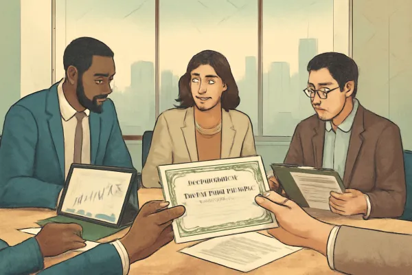 Professionals collaborating over stock and legal documents symbolizing issued capital stock.