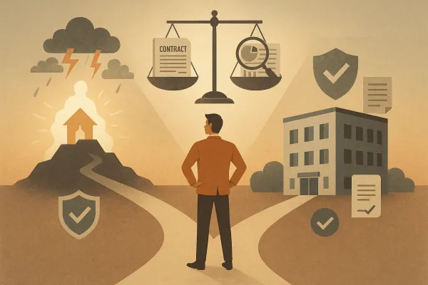 Illustration of entrepreneur choosing between startup risks and stable business with legal expertise support