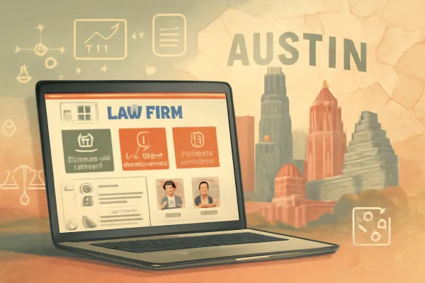 Modern laptop showing Austin law firm website with startup legal resources and city skyline background