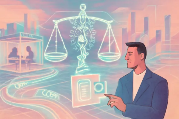 Surreal digital scene showing AI, blockchain, and virtual law firms transforming future legal services