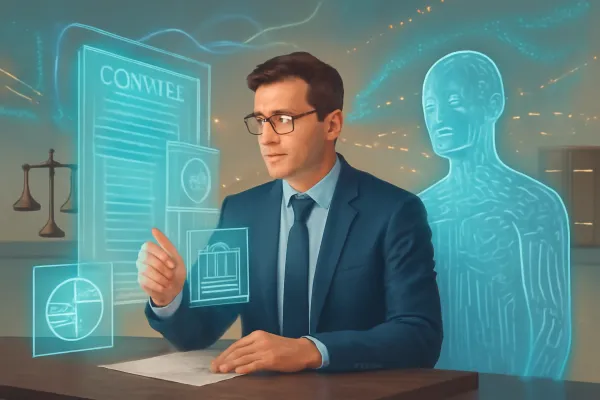 Lawyer using AI-driven holographic legal tools blending law and technology concepts
