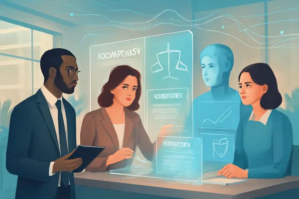 Office scene showing lawyers collaborating with AI on digital legal documents and contracts.