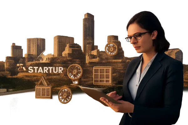 Austin cityscape with a lawyer supporting startups amid legal and tech icons.