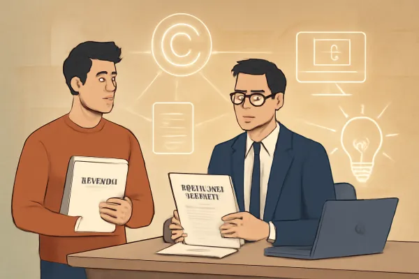 Lawyer and author collaborating on publishing contract with copyright and digital icons around them