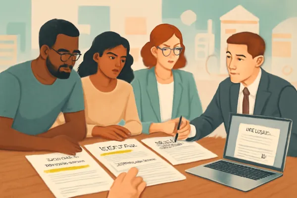 Startup team and lawyer reviewing real estate lease and sales contracts together in modern office